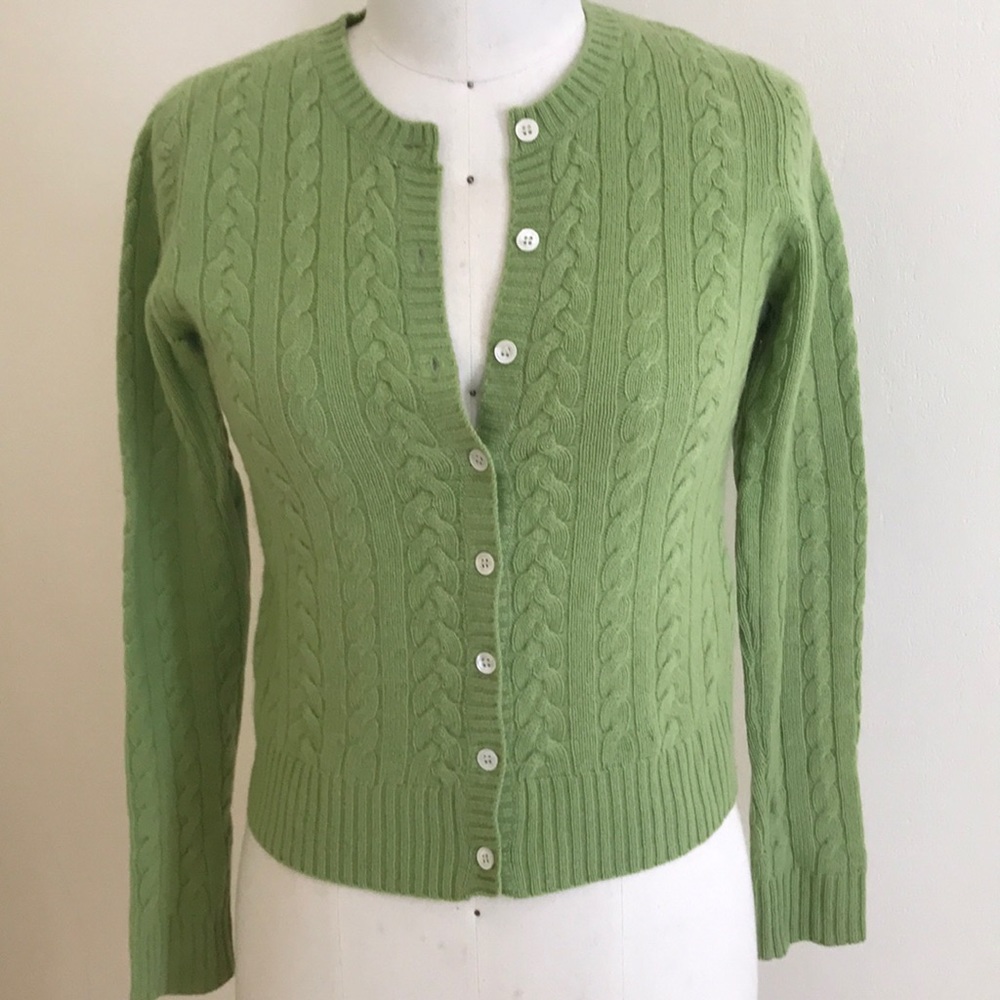 Chartreuse Green Cashmere Cable Stitched Cardigan